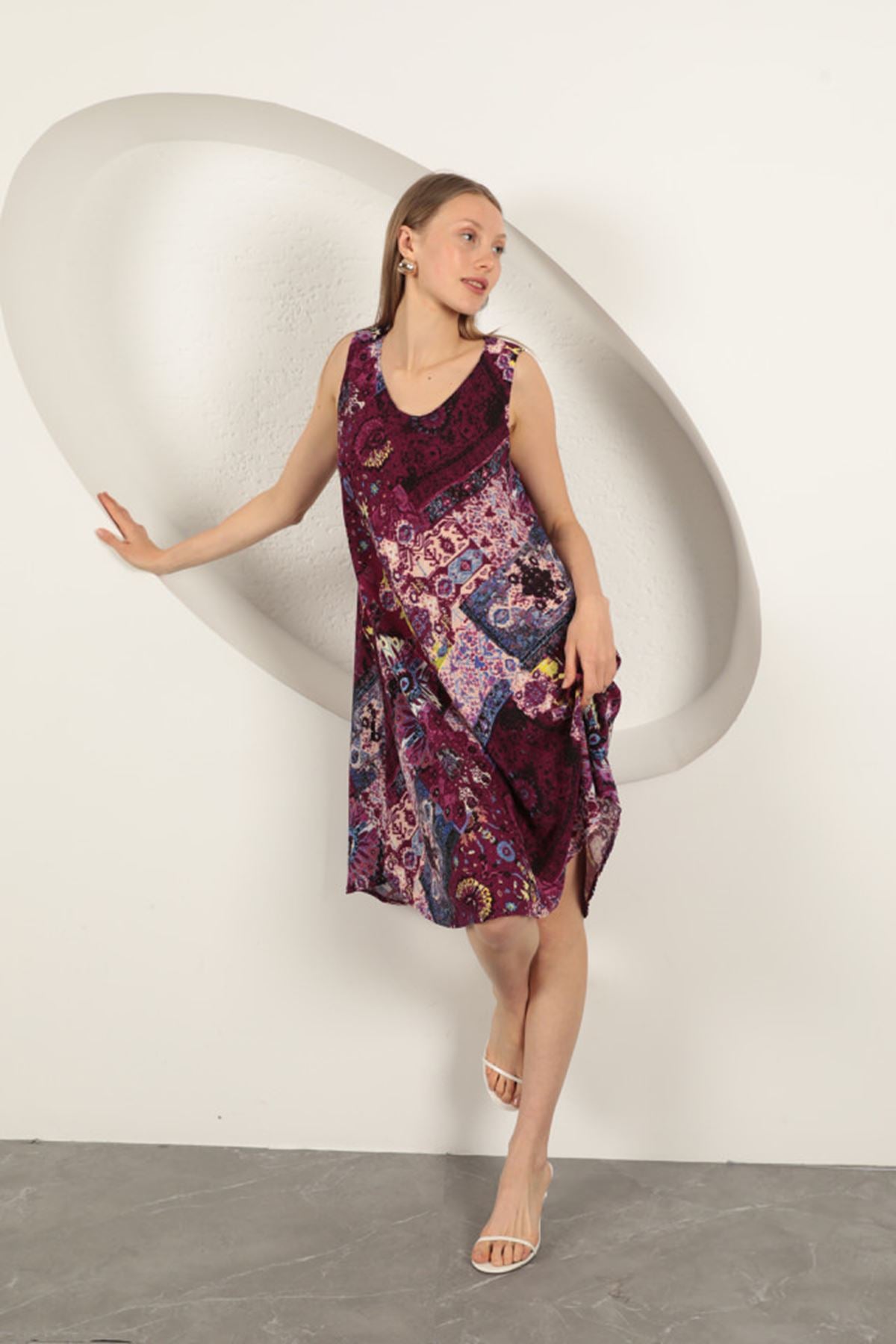 Viskon Kumaş Etnik Desenli Elbise-Mor