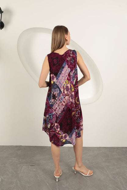 Viskon Kumaş Etnik Desenli Elbise-Mor