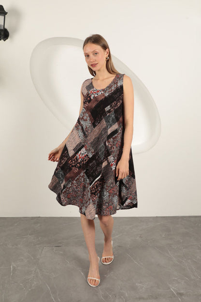 Viskon Kumaş Etnik Desenli Elbise-Kahve