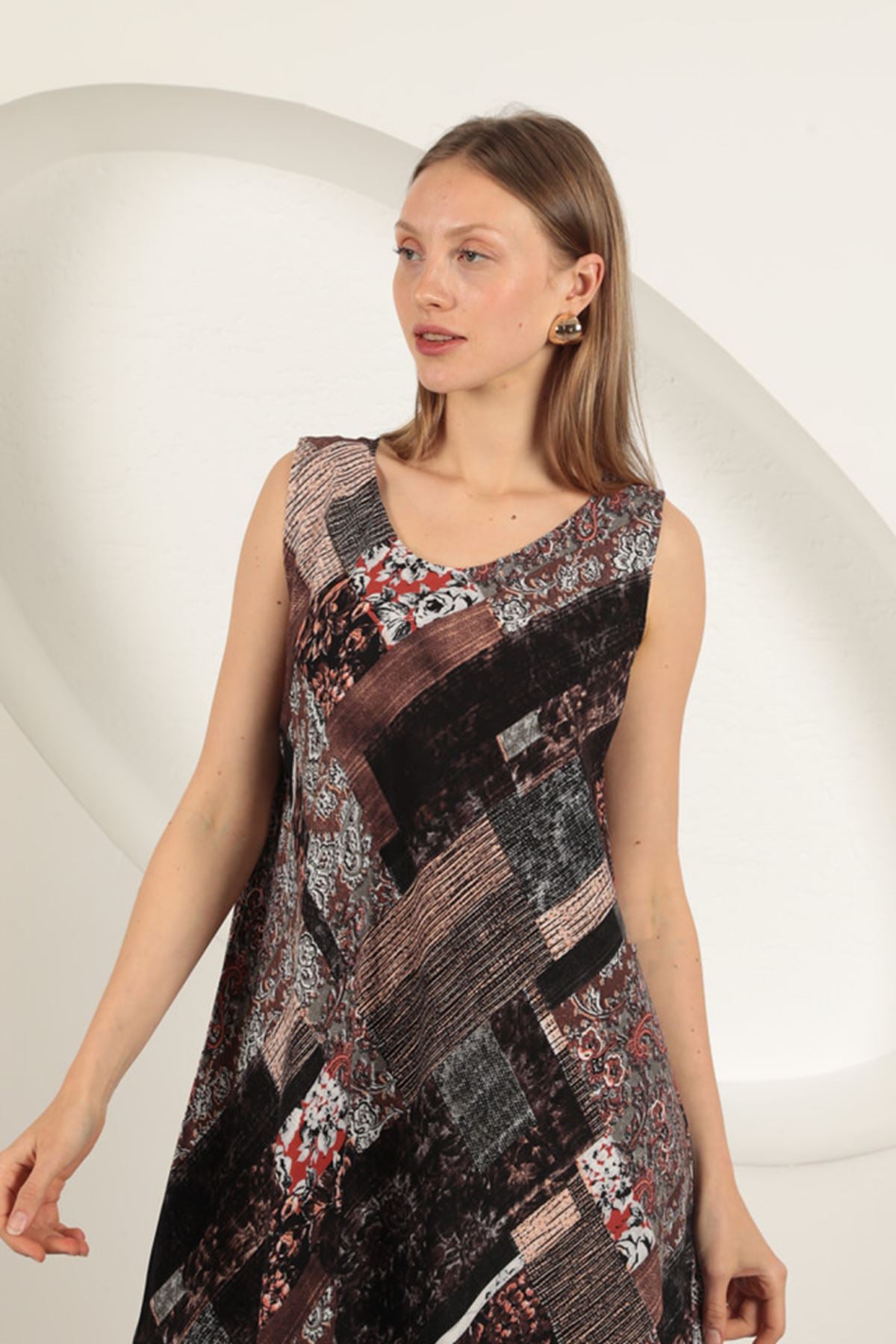 Viskon Kumaş Etnik Desenli Elbise-Kahve