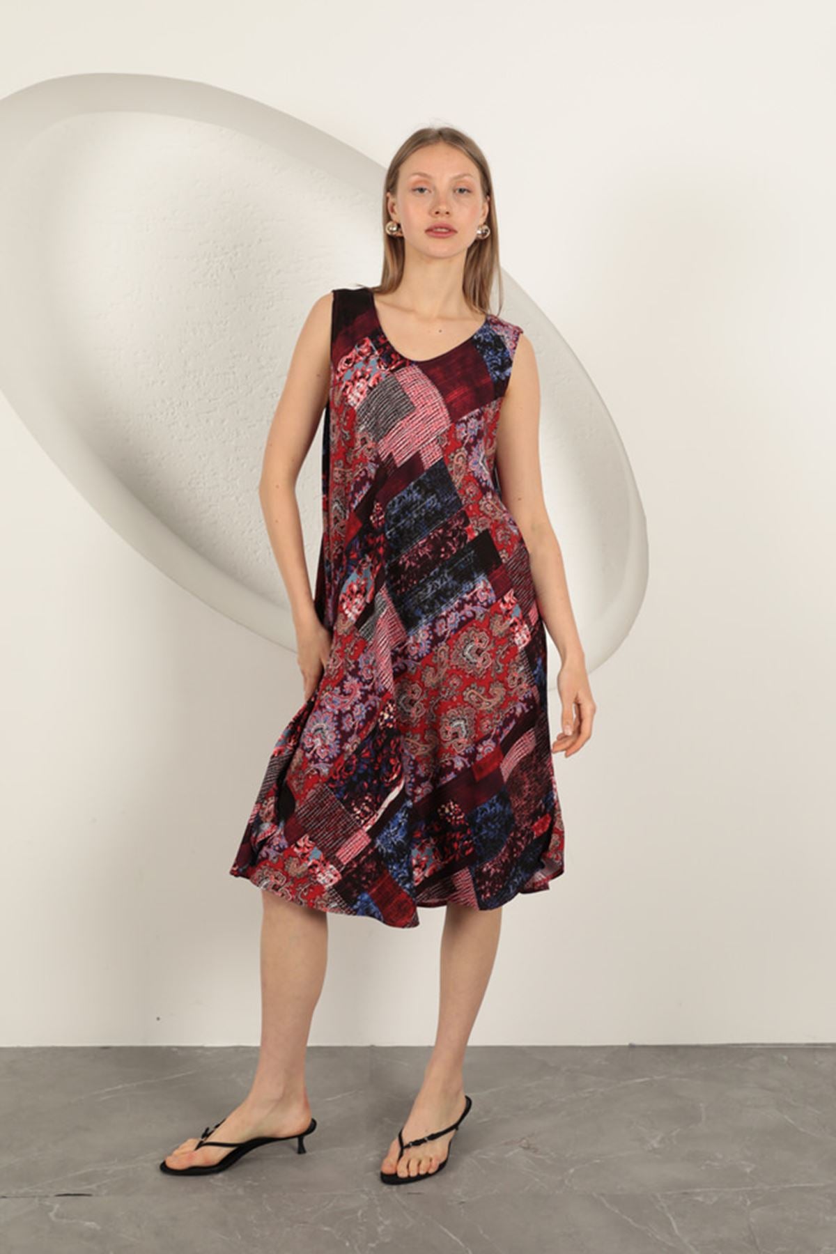 Viskon Kumaş Etnik Desenli Elbise-Bordo