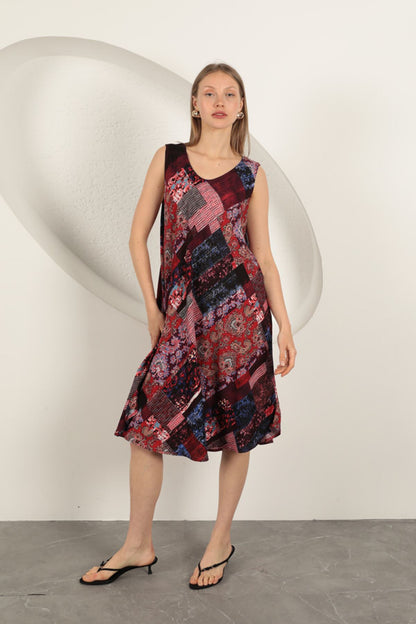 Viskon Kumaş Etnik Desenli Elbise-Bordo