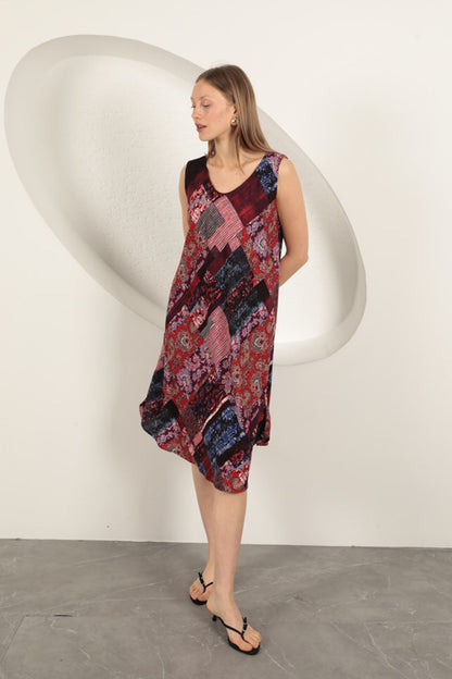 Viskon Kumaş Etnik Desenli Elbise-Bordo