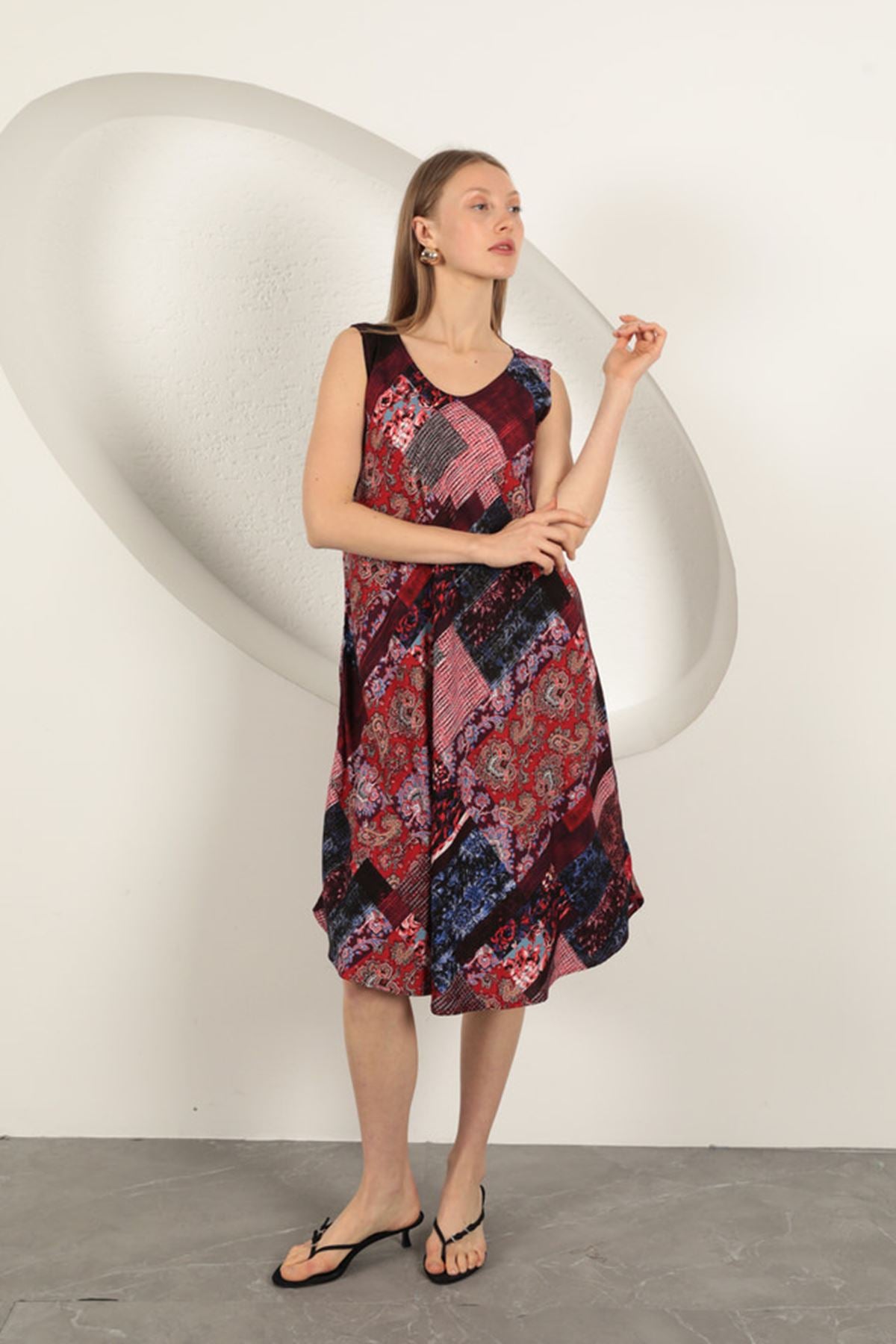 Viskon Kumaş Etnik Desenli Elbise-Bordo