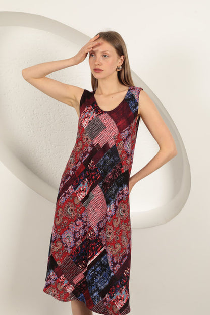 Viskon Kumaş Etnik Desenli Elbise-Bordo