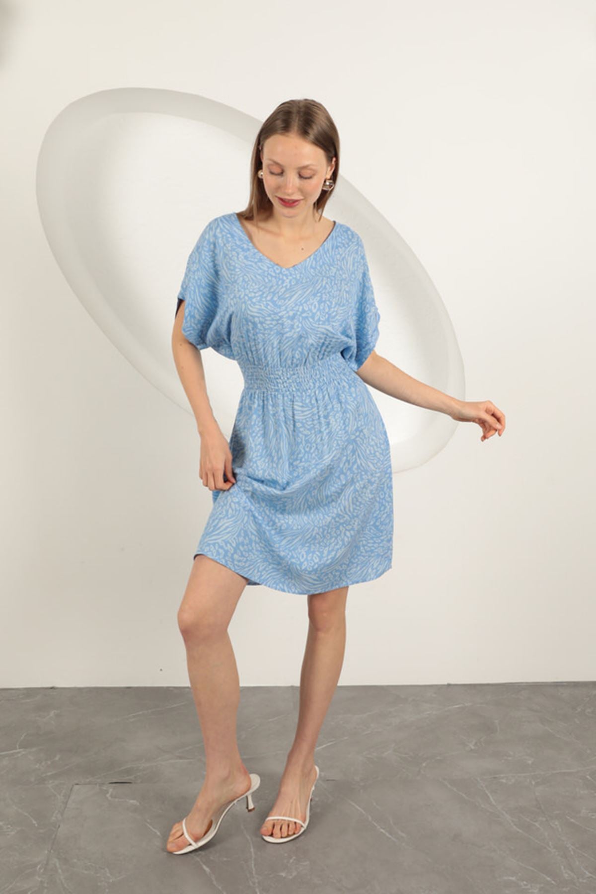 Viskon Kumaş Desenli Elbise-Mavi