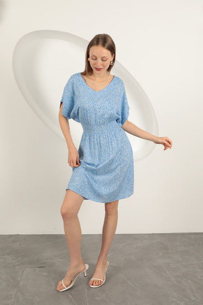 Viskon Kumaş Desenli Elbise-Mavi