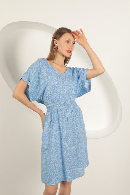 Viskon Kumaş Desenli Elbise-Mavi