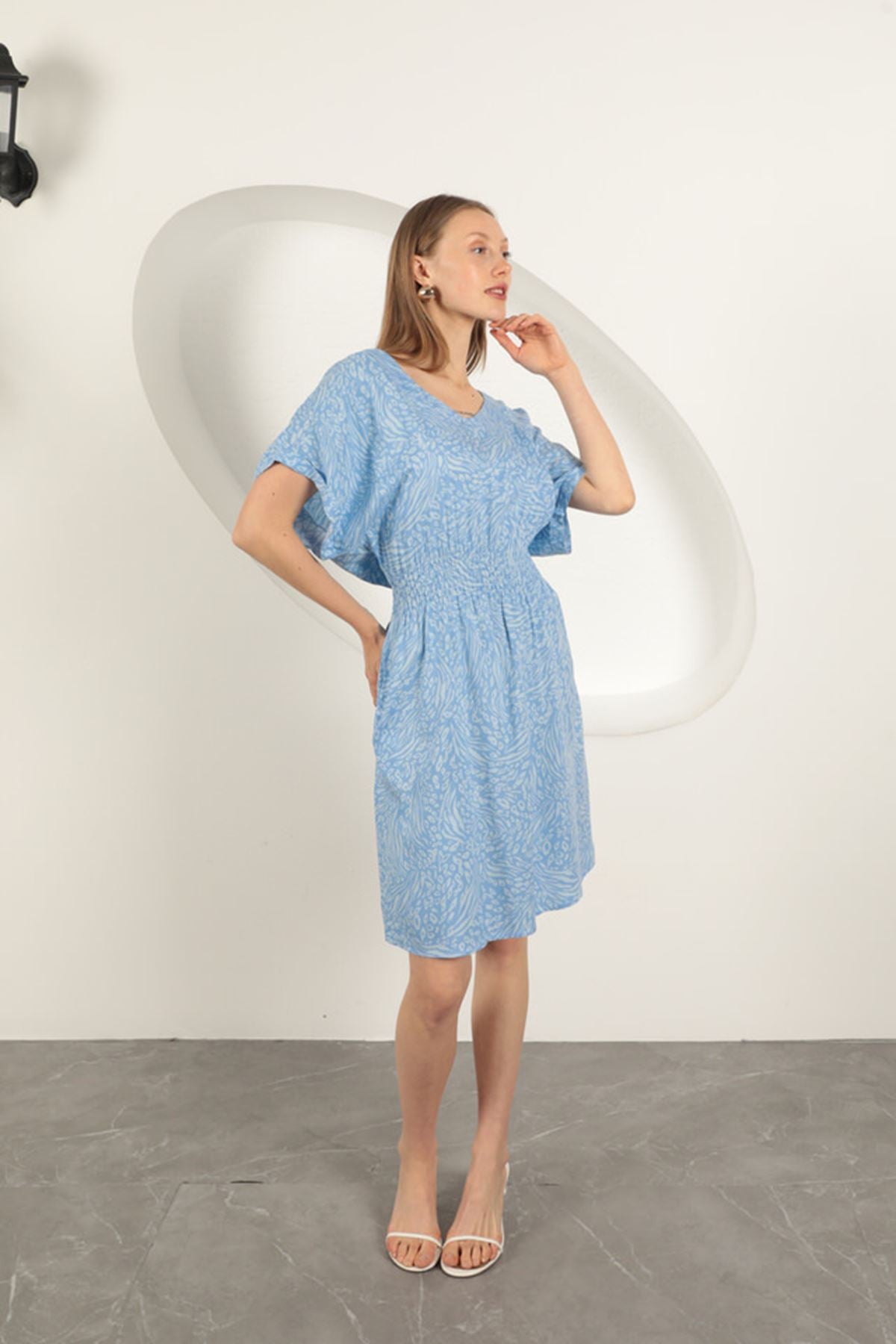 Viskon Kumaş Desenli Elbise-Mavi