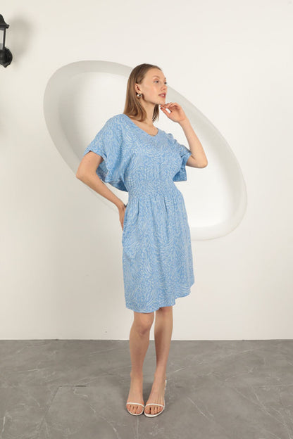 Viskon Kumaş Desenli Elbise-Mavi