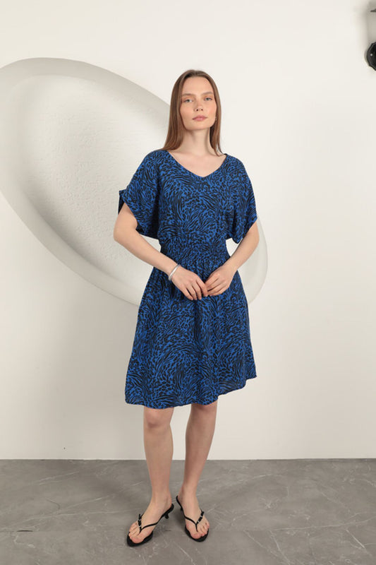 Viskon Kumaş Desenli Elbise-Saks