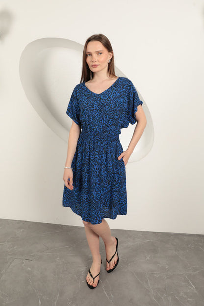 Viskon Kumaş Desenli Elbise-Saks