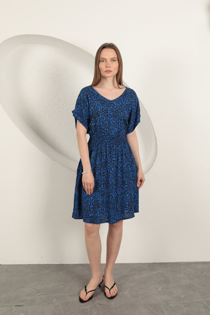 Viskon Kumaş Desenli Elbise-Saks