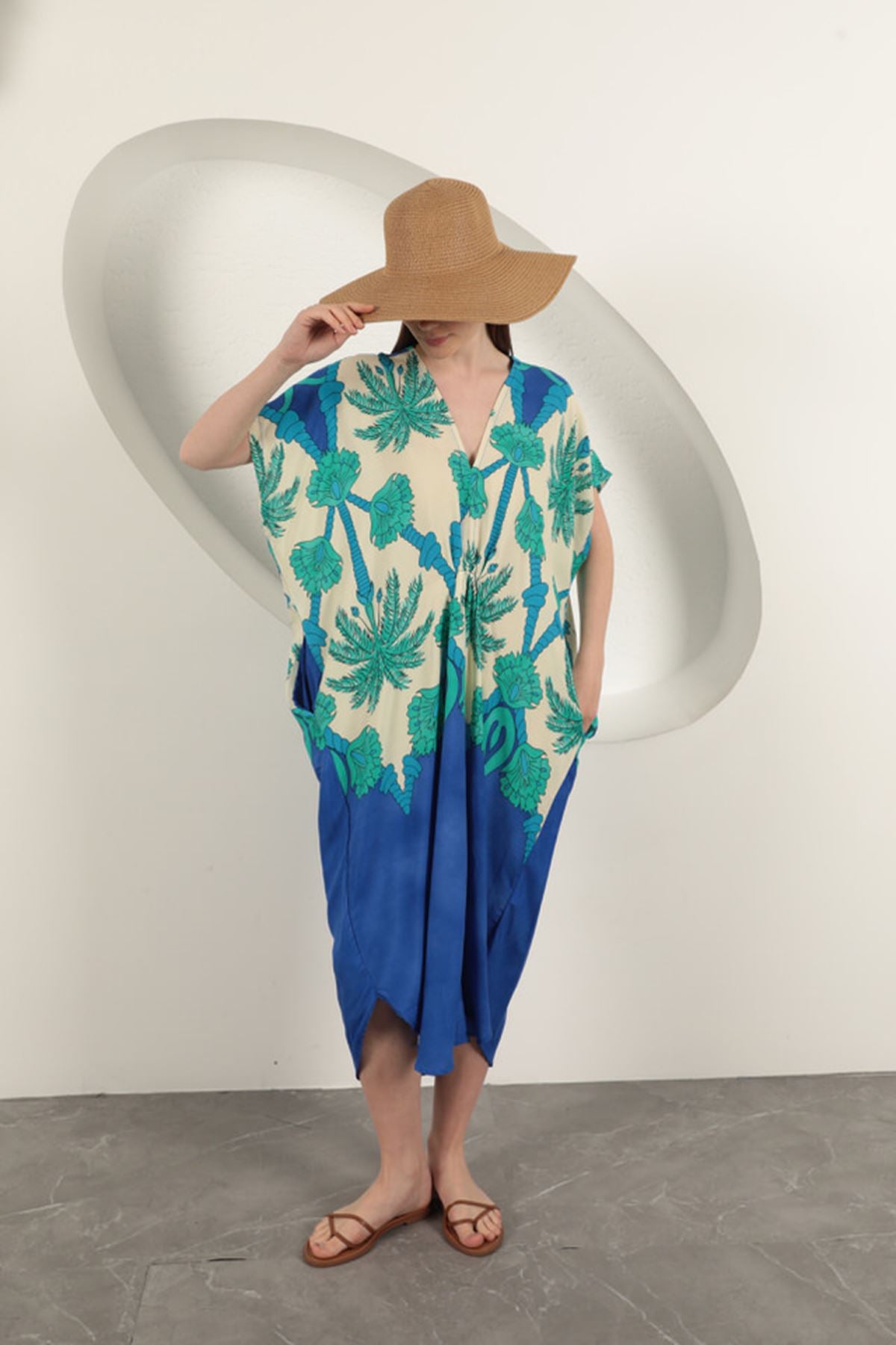 Viskon Kumaş Desenli Elbise-Saks