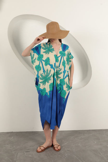 Viskon Kumaş Desenli Elbise-Saks