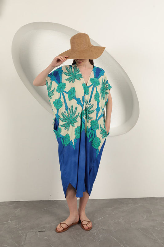 Viskon Kumaş Desenli Elbise-Saks