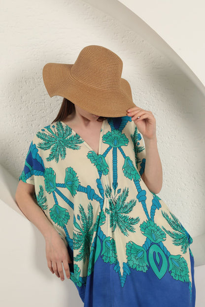 Viskon Kumaş Desenli Elbise-Saks