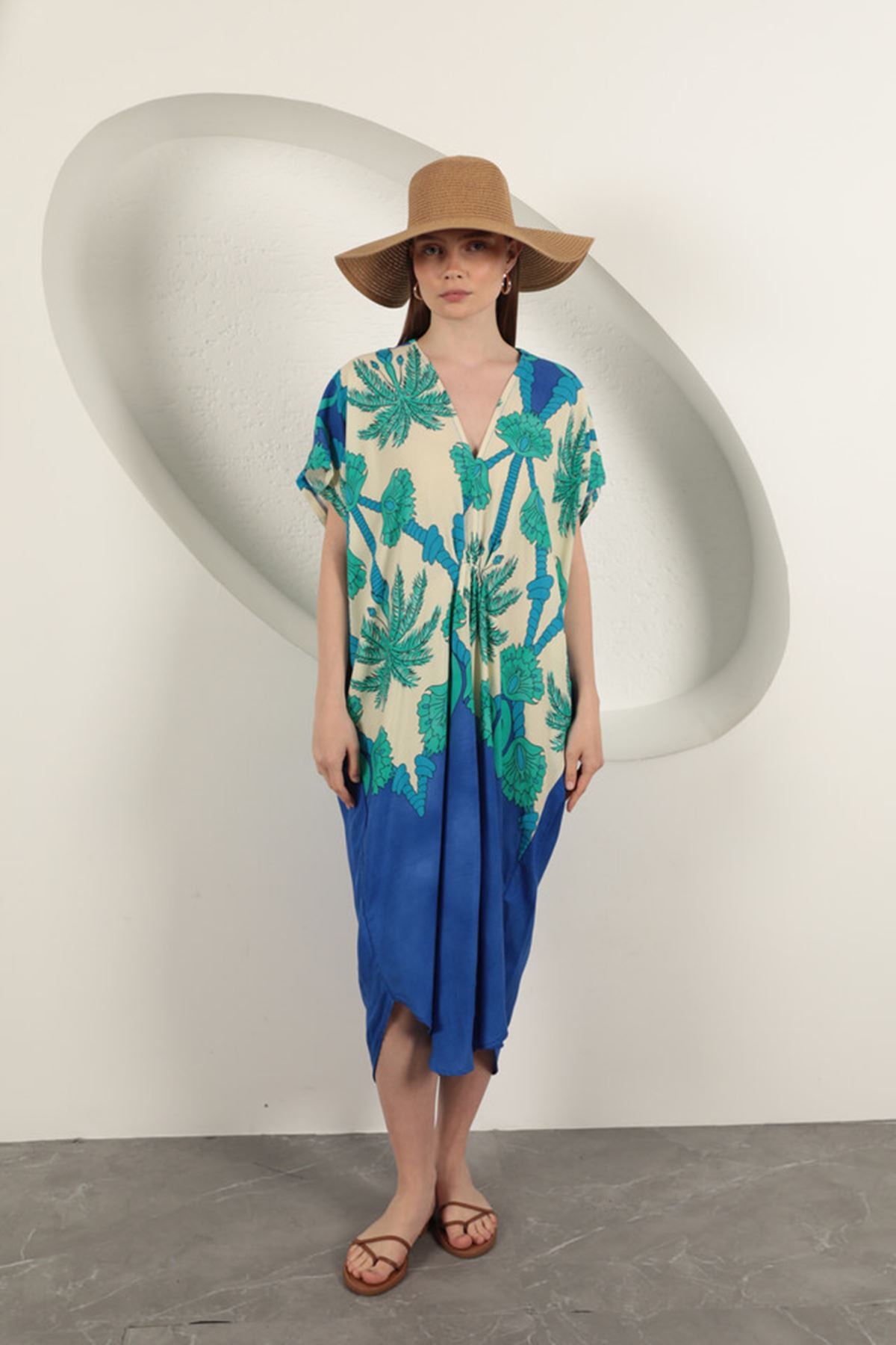 Viskon Kumaş Desenli Elbise-Saks