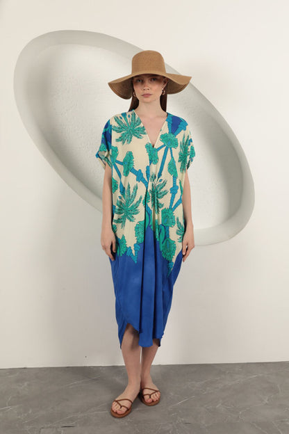 Viskon Kumaş Desenli Elbise-Saks