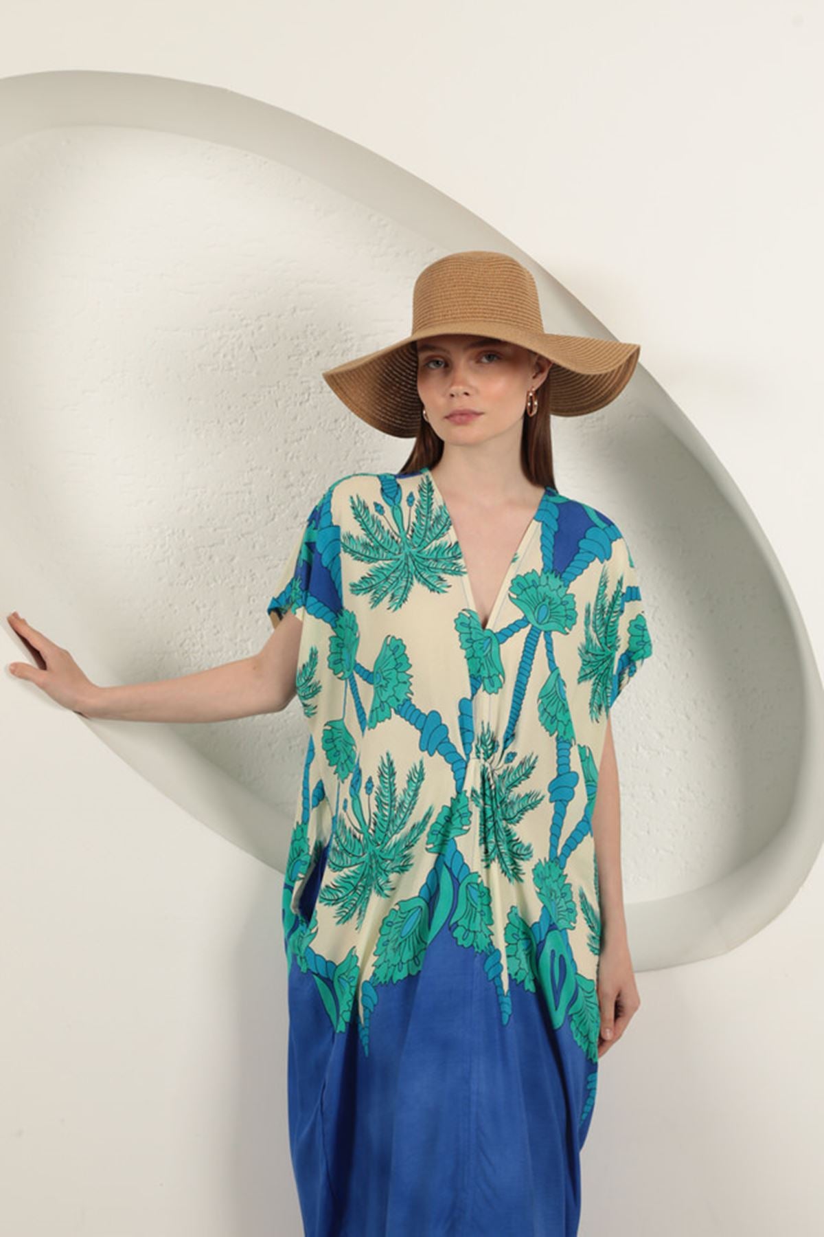 Viskon Kumaş Desenli Elbise-Saks