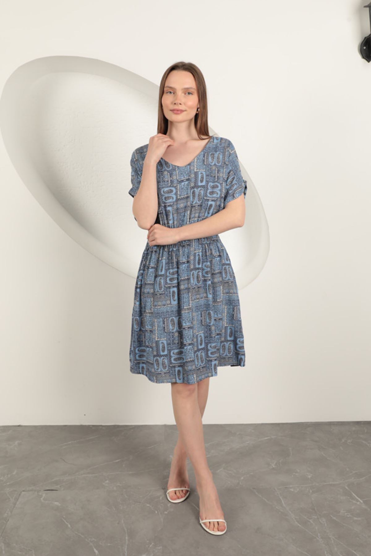 Viskon Kumaş Gipeli Elbise-Saks