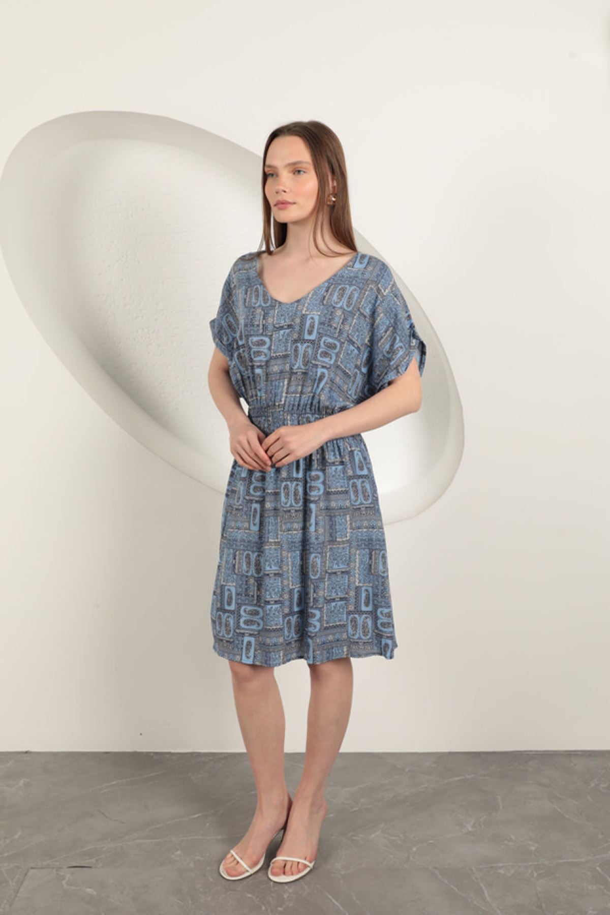 Viskon Kumaş Gipeli Elbise-Saks