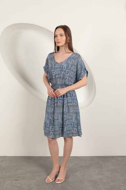 Viskon Kumaş Gipeli Elbise-Saks