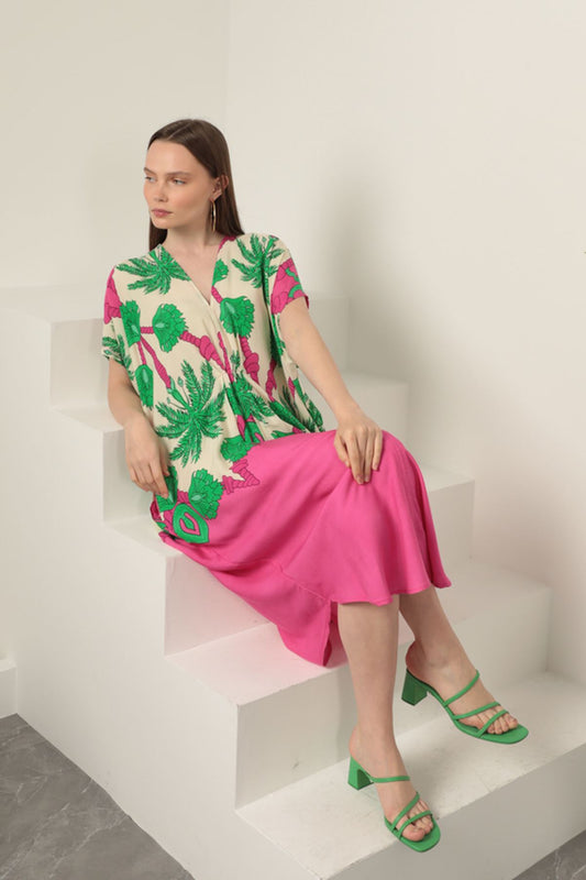 Viskon Kumaş Desenli Elbise-Fuşya