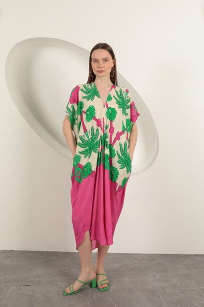 Viskon Kumaş Desenli Elbise-Fuşya