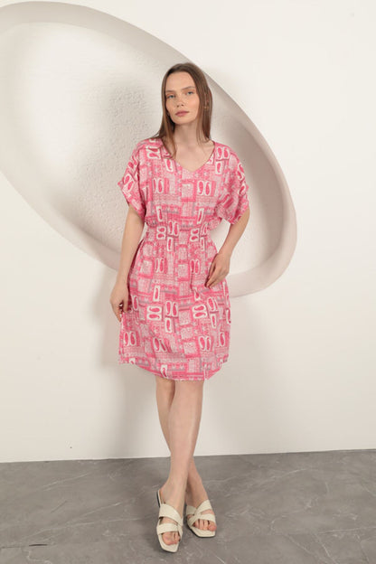 Viskon Kumaş Gipeli Elbise-Pembe