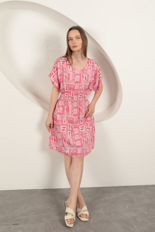 Viskon Kumaş Gipeli Elbise-Pembe