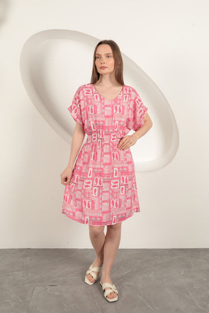 Viskon Kumaş Gipeli Elbise-Pembe