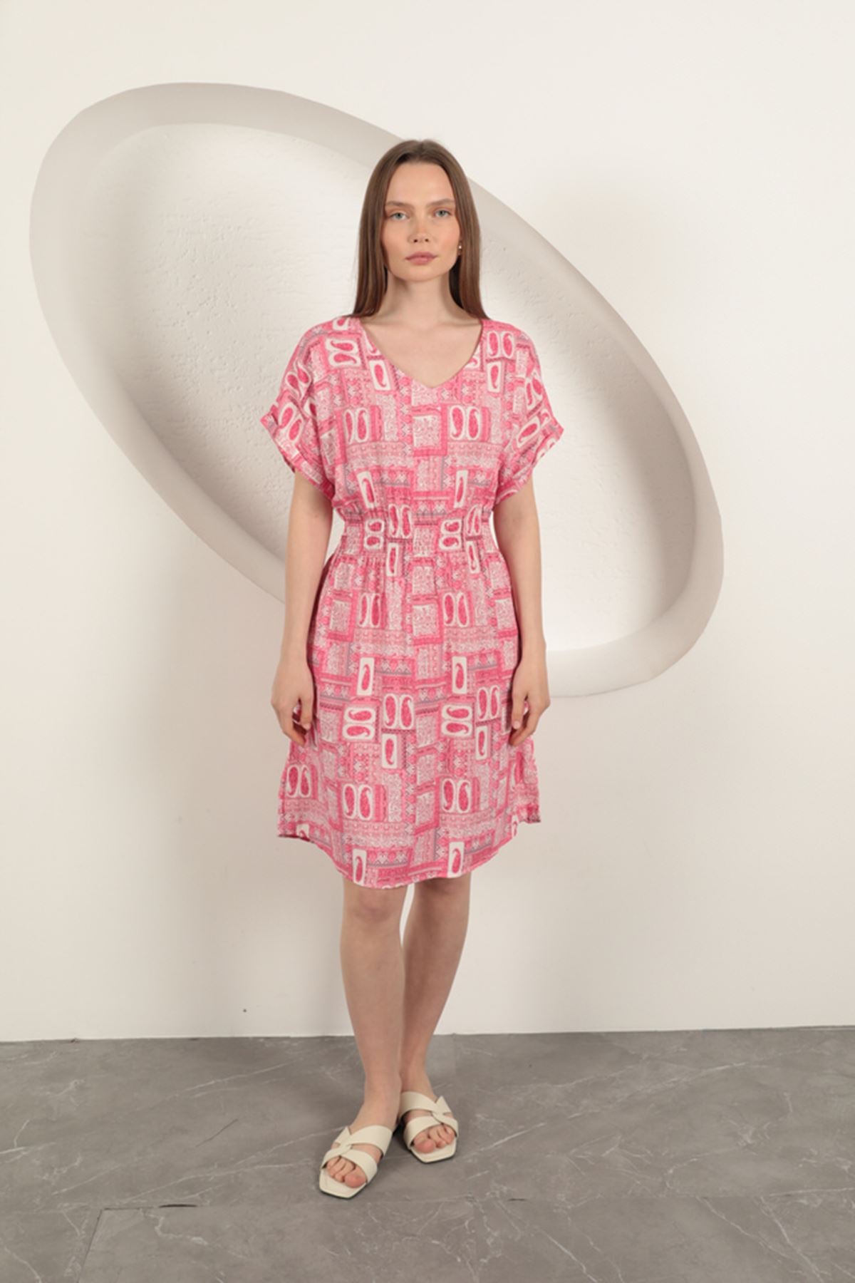 Viskon Kumaş Gipeli Elbise-Pembe