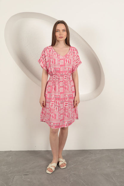 Viskon Kumaş Gipeli Elbise-Pembe