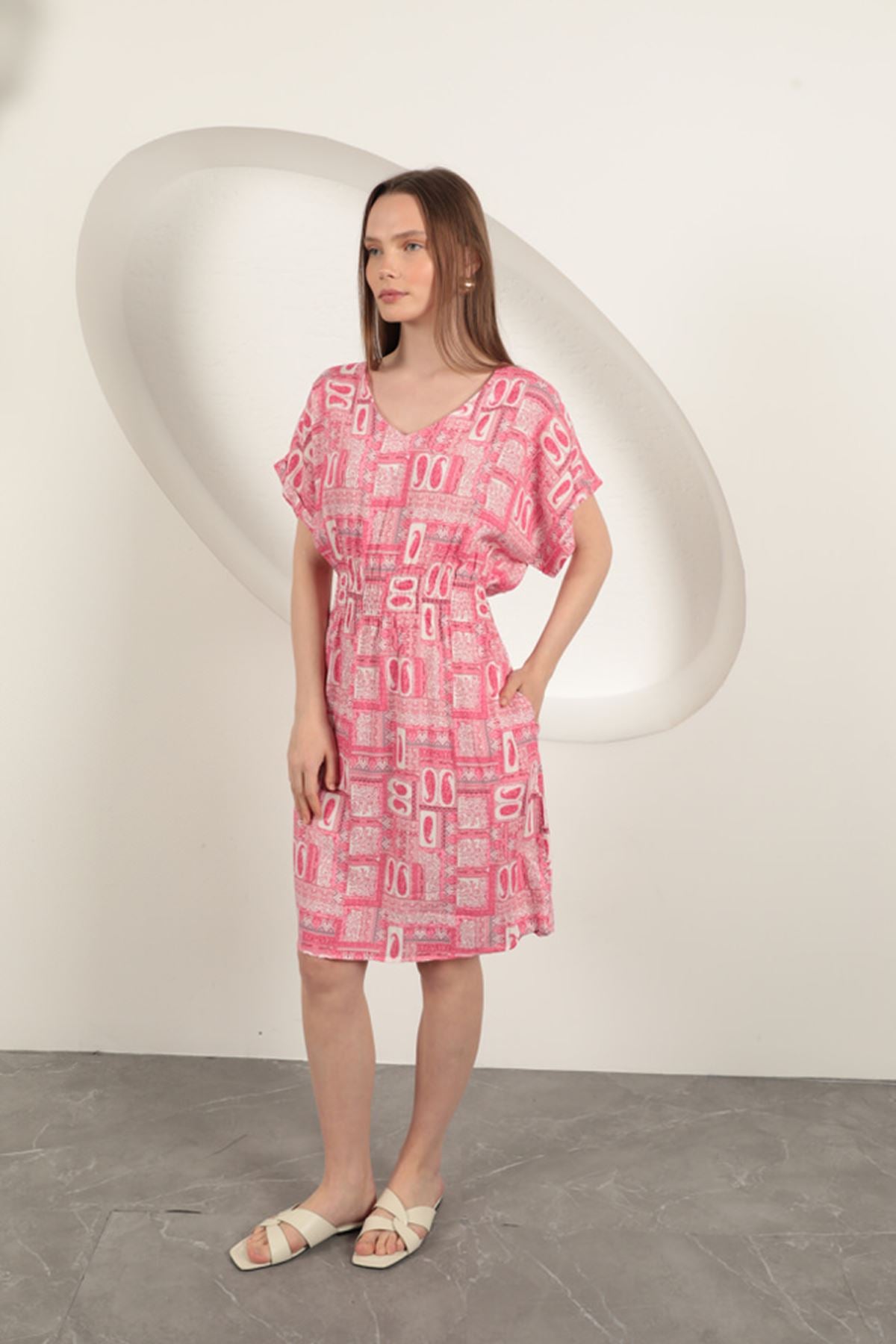 Viskon Kumaş Gipeli Elbise-Pembe