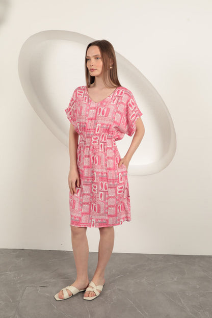 Viskon Kumaş Gipeli Elbise-Pembe