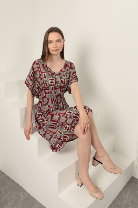 Viskon Kumaş Gipeli Elbise-Bordo