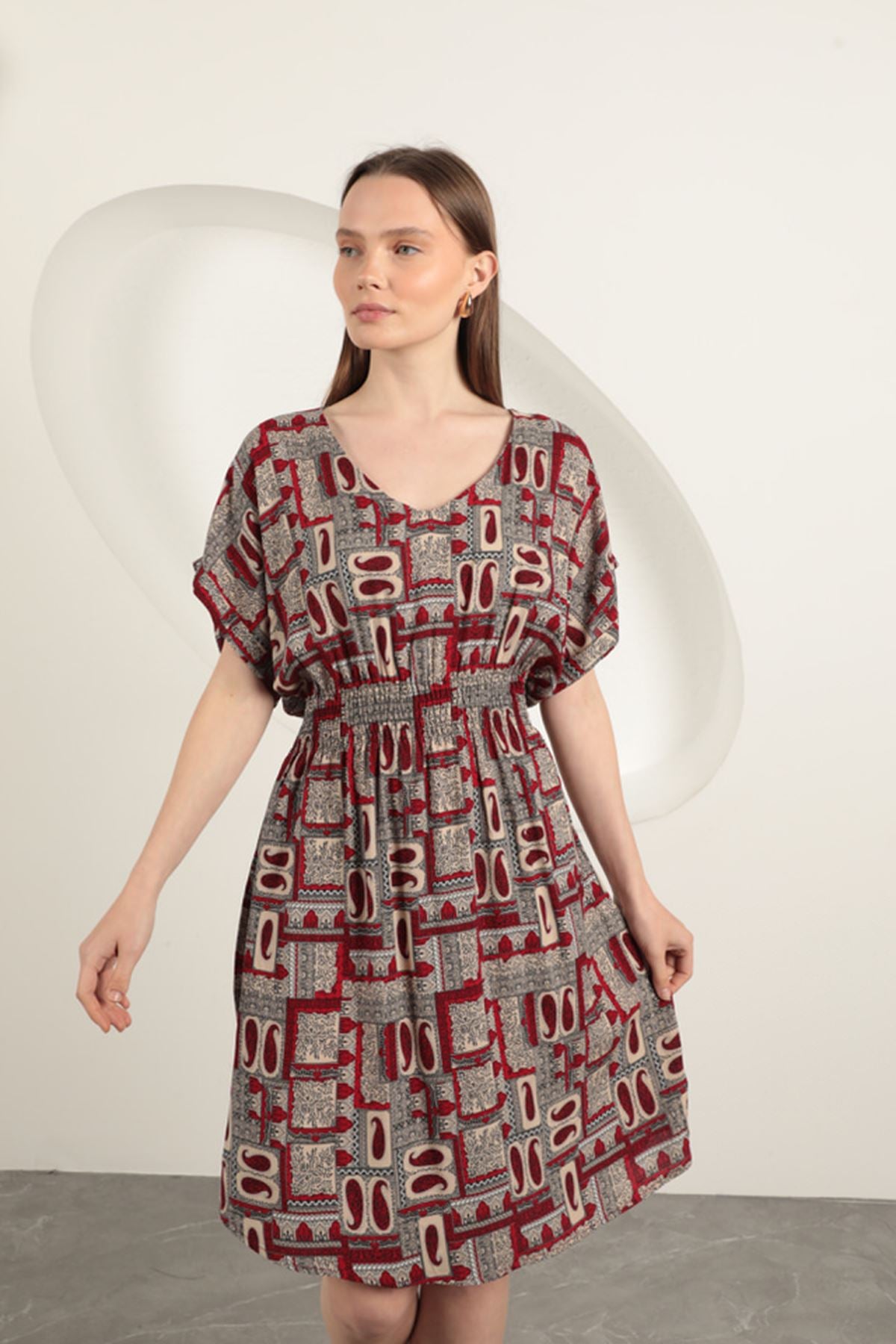 Viskon Kumaş Gipeli Elbise-Bordo