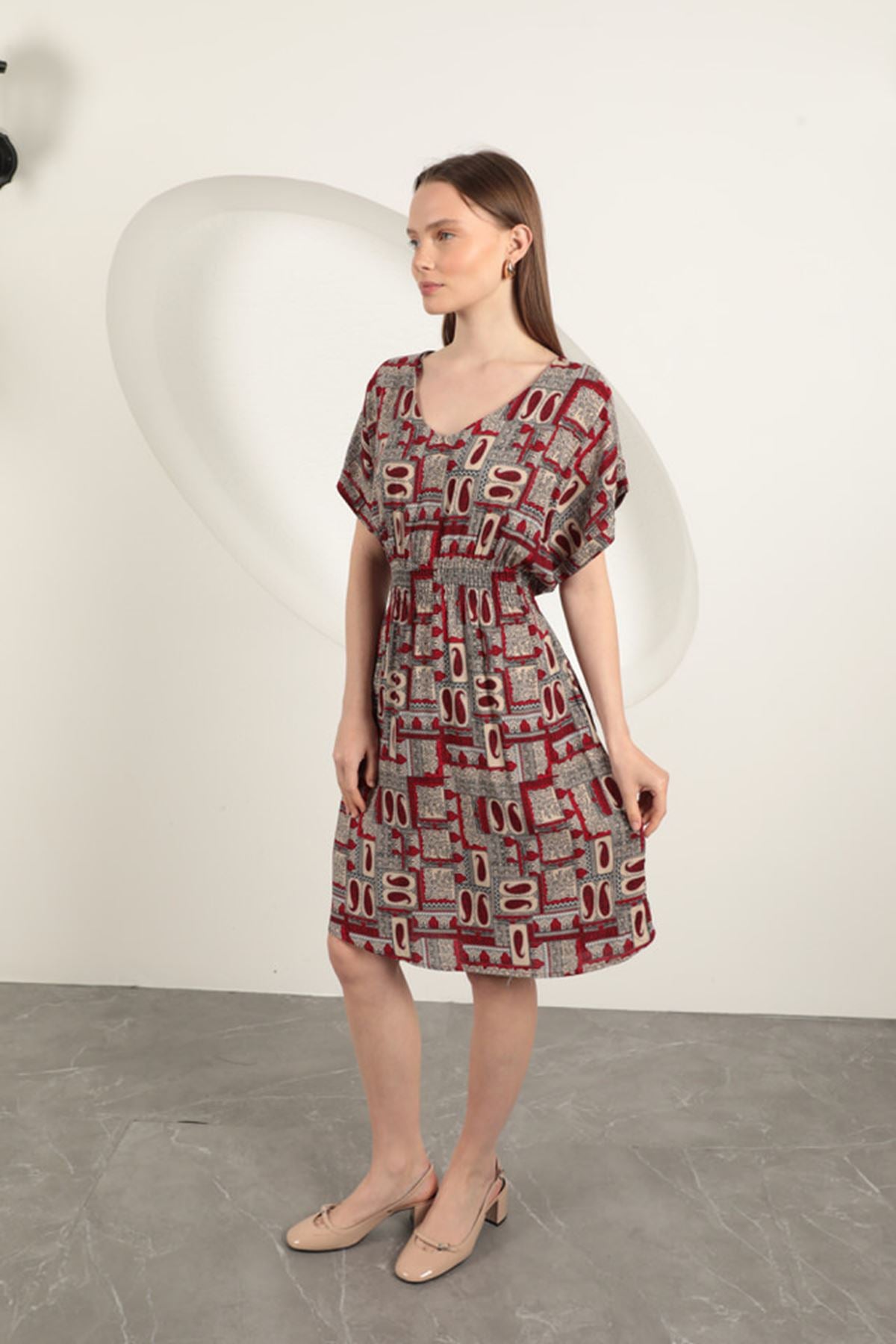 Viskon Kumaş Gipeli Elbise-Bordo