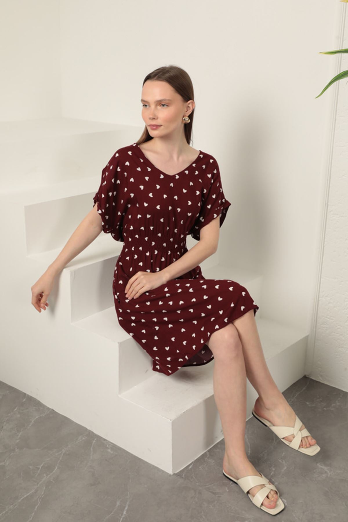 Viskon Kumaş Kalp Desenli Elbise-Bordo