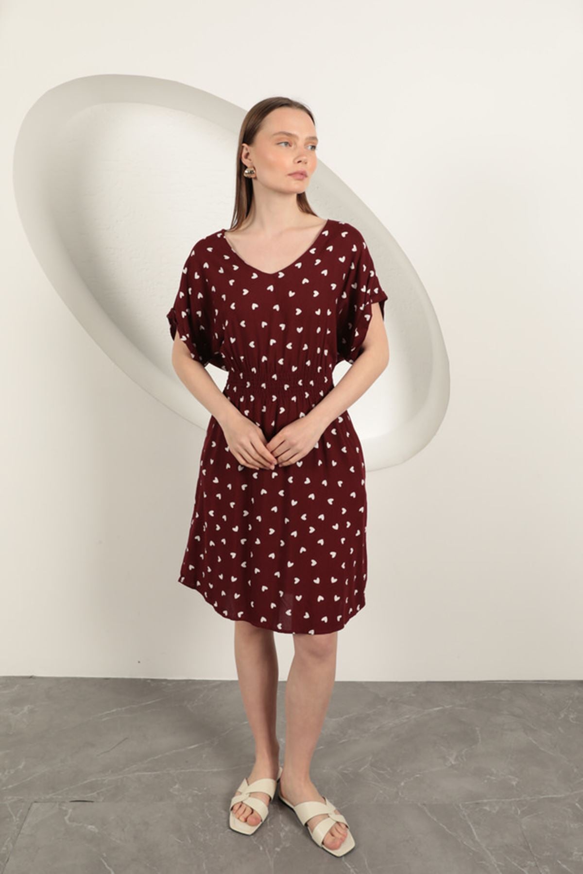 Viskon Kumaş Kalp Desenli Elbise-Bordo