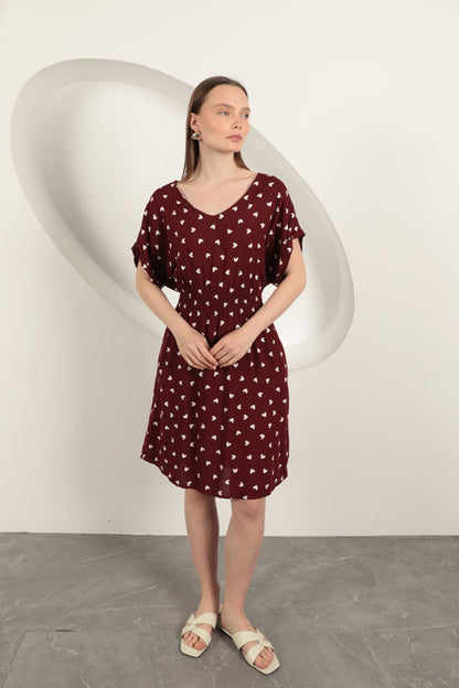 Viskon Kumaş Kalp Desenli Elbise-Bordo
