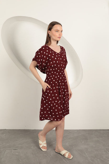 Viskon Kumaş Kalp Desenli Elbise-Bordo