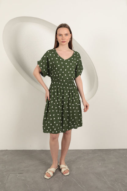 Viskon Kumaş Kalp Desenli Elbise-Haki