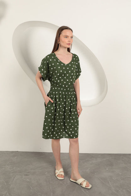 Viskon Kumaş Kalp Desenli Elbise-Haki