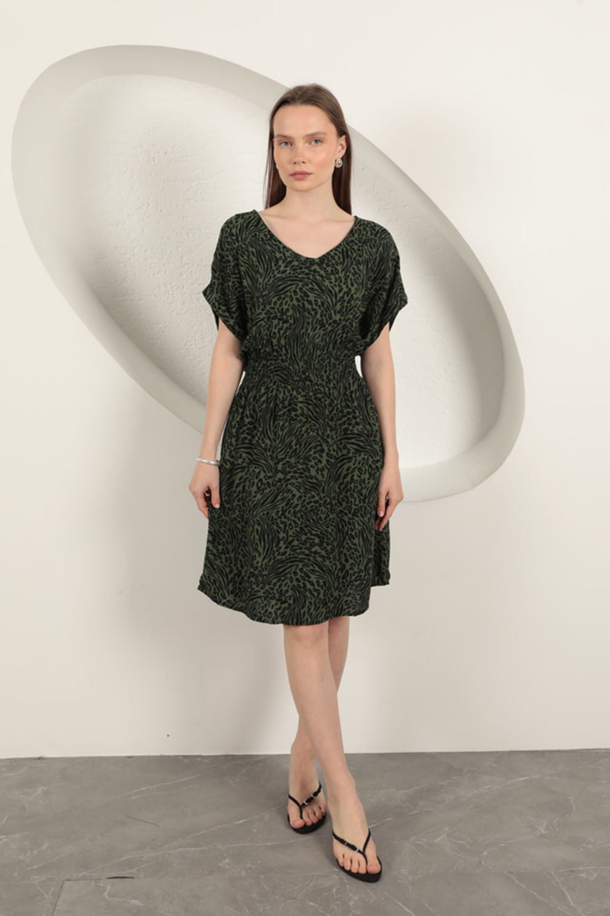 Viskon Kumaş Desenli Elbise-Haki