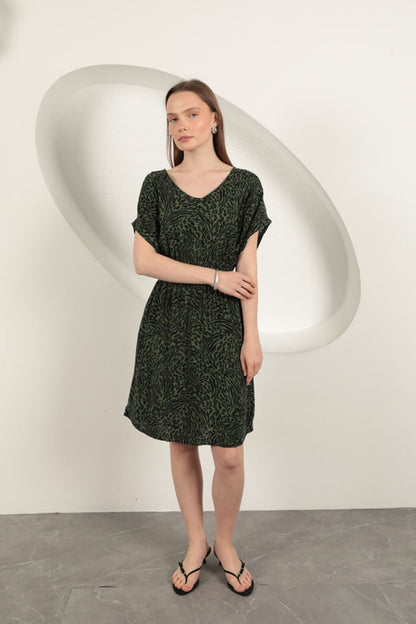 Viskon Kumaş Desenli Elbise-Haki