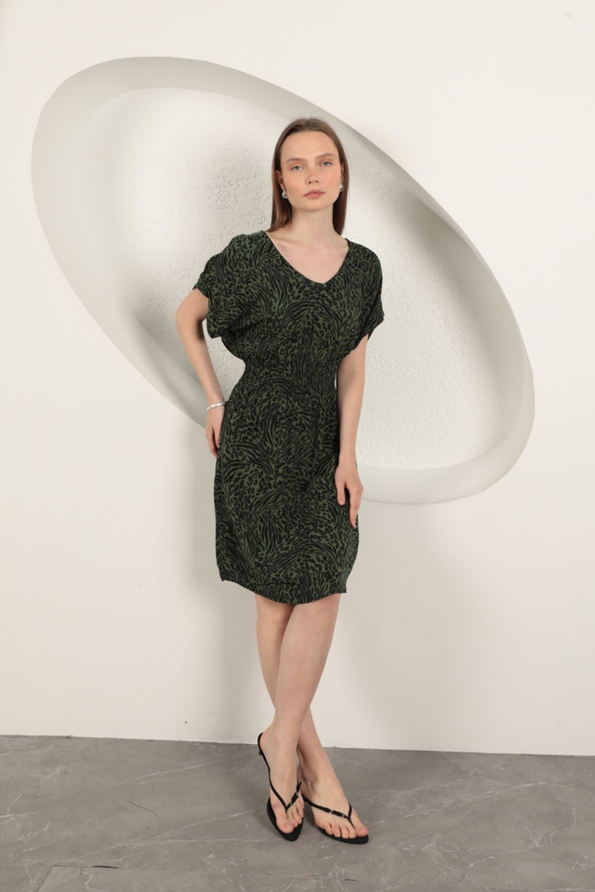 Viskon Kumaş Desenli Elbise-Haki