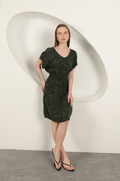 Viskon Kumaş Desenli Elbise-Haki