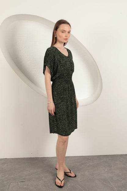 Viskon Kumaş Desenli Elbise-Haki